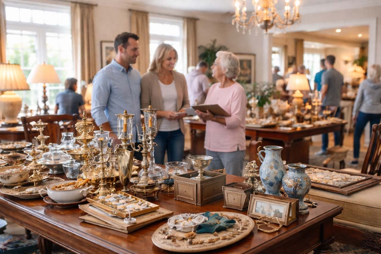 A staged room prepared for an estate sale with furniture, decor, and clothing displays.
