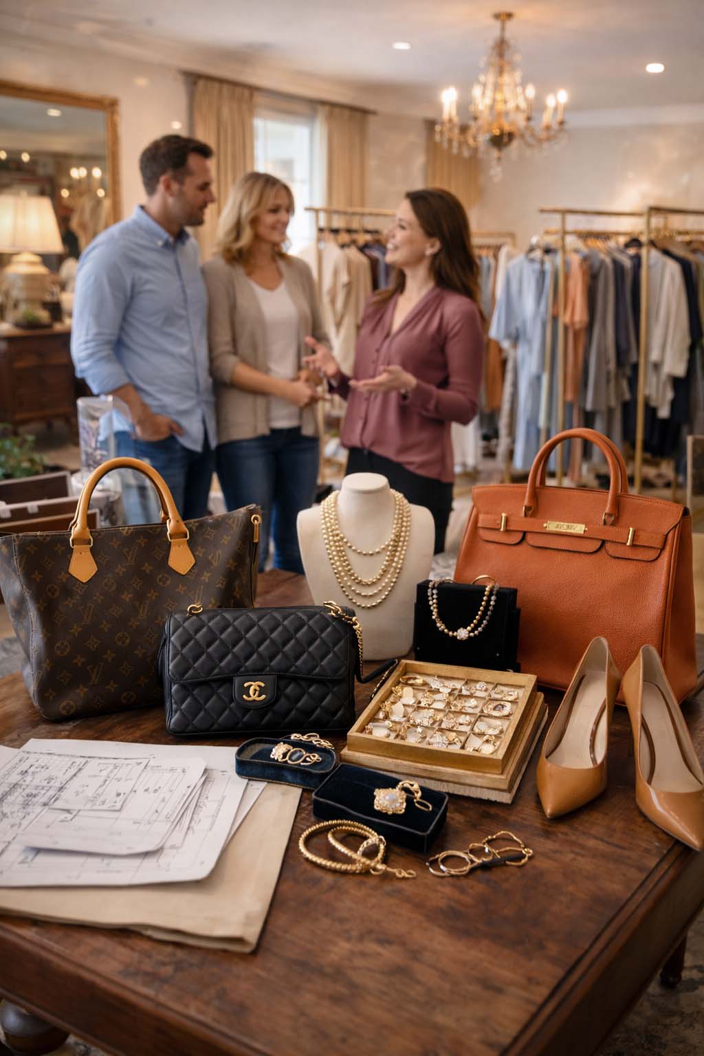 A consignment-style display of handbags, jewelry, and luxury accessories.