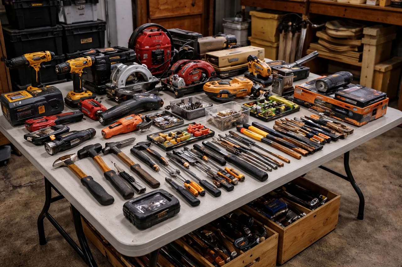 A staged estate sale table arranged with tools and hardware.
